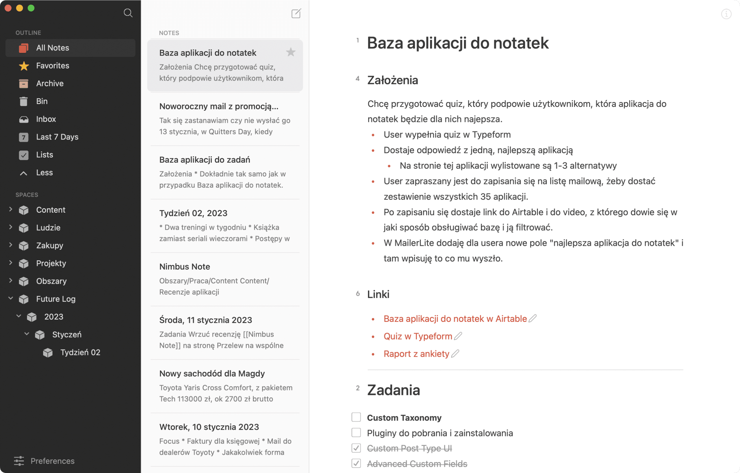Zrzut ekranu aplikacji Spaces
